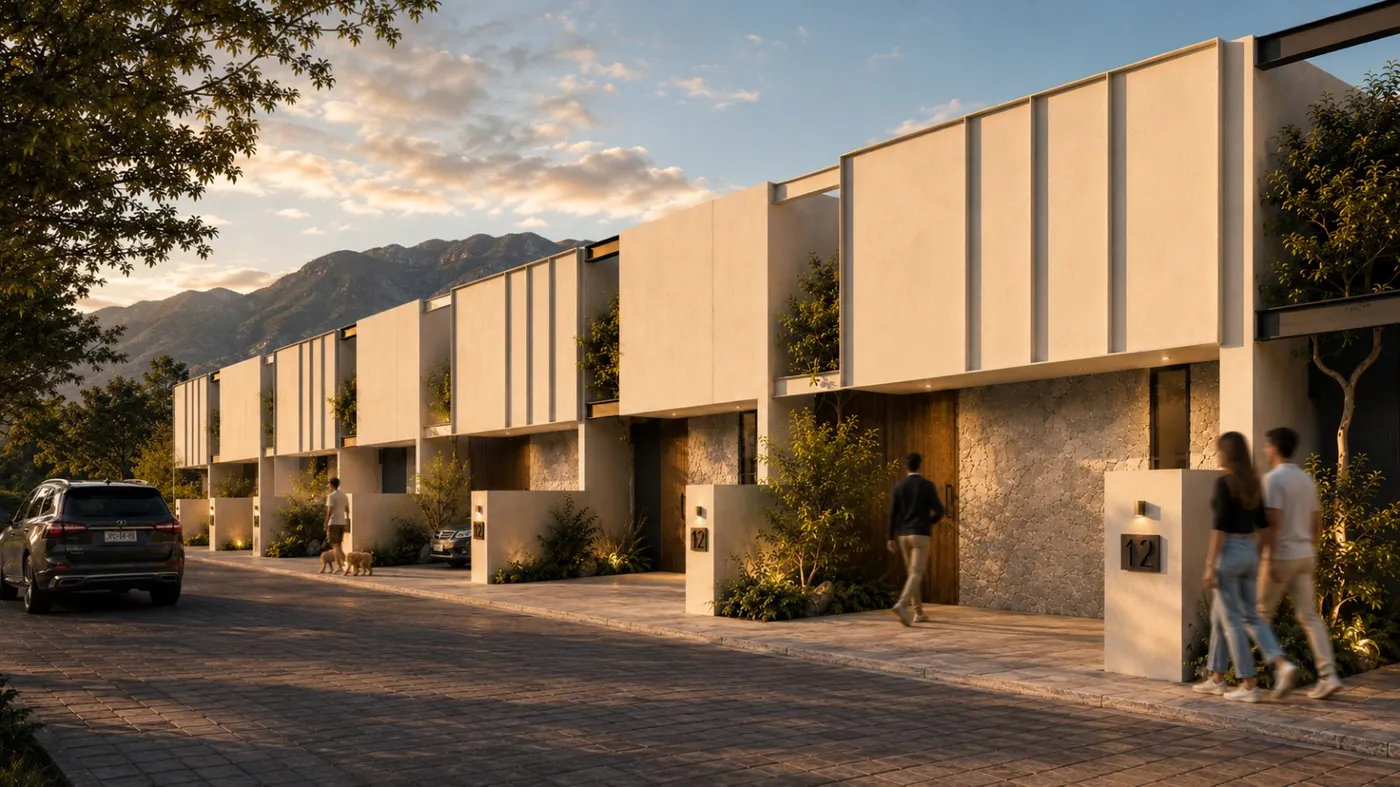 Fachadas del conjunto al atardecer — Montegrana