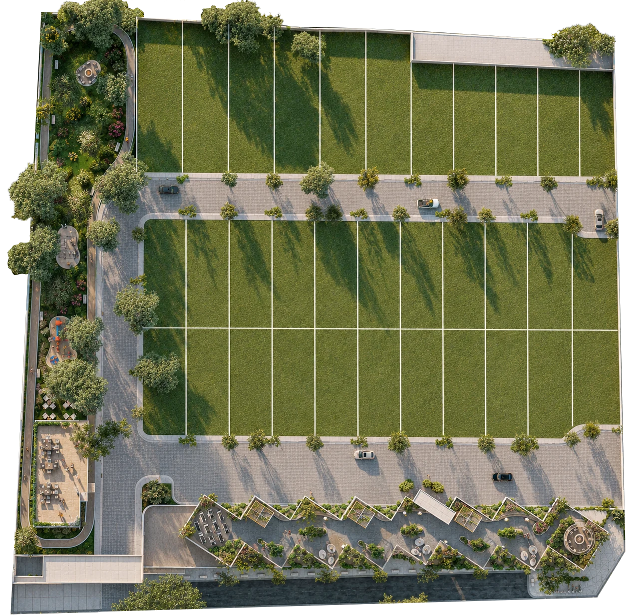 Planta de conjunto Montegrana — lotes, casas, departamentos, amenidades y locales comerciales